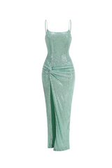 sequin ruched high slit maxi dress in green