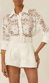 hollow cut lace shirt shorts two pieces set in white