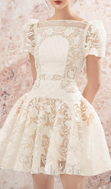rose sleeve lace hollow mini dress in white