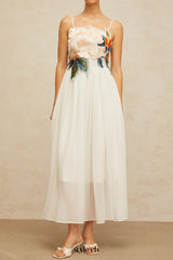 joann Appliqué Camellia Floral Maxi Dress in white