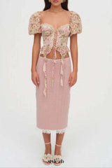 pink Tie-Drape Chiffon Shirt with Ruffled Puff Sleeves