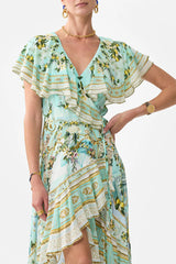 green-multi Printed ruffled V-neck irregular hem silk maxi dress