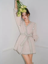 Beige V-Neck Long Sleeve Diamond Stud Coat