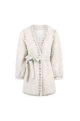 Beige V-Neck Long Sleeve Diamond Stud Coat