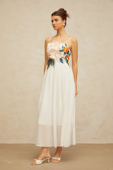 joann Appliqué Camellia Floral Maxi Dress in white