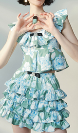 FLORAL RUFFLED SLEEVELESS CROP TOP