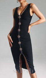 BLUE CRYSTAL EMBELLISHED MIDI BANDAGE DRESS