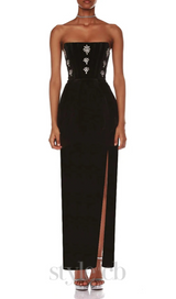 STRAPLESS CRYSTAL DETAIL MAXI DRESS BLACK