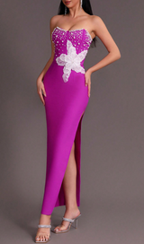 PURPLE BEADED STRAPLESS SIDE SLIT BANDAGE DRESS