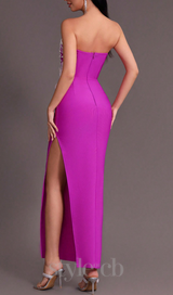 PURPLE BEADED STRAPLESS SIDE SLIT BANDAGE DRESS