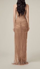 ONE SHOULDER MESH RUCHED MIDI DRESS