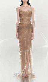 ONE SHOULDER MESH RUCHED MIDI DRESS