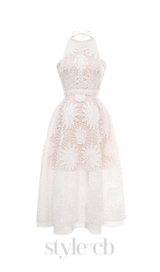 FLORAL EMBELLISHED SLEEVELESS LACE MIDI DRESS