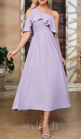 ONE SHOULDER RUFFLE TRIM DRESS IN PURPLE