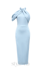 CROSS NECK BODYCON MIDI DRESS IN BLUE