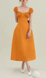 YELLOW KNOTTED A-LINE MIDI DRESS