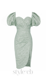 GREEN SWEETHEART NECK PUFF SLEEVE SPLIT THIGH DRESS