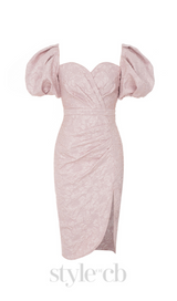 PINK SWEETHEART NECK PUFF SLEEVE SPLIT THIGH DRESS