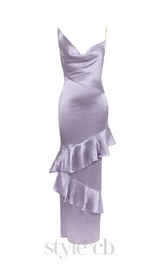 LILAC RUFFLE TRIM ASYMMETRICAL HEM SATIN MIDI DRESS
