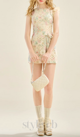 BOW FLORAL PRINTED MINI DRESS IN YELLOW