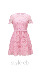 PINK GUIPURE ROUND NECK MINI DRESS