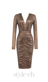 PLEATED HIP WRAP MIDI DRESS IN BROWN