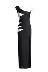 KORINA OFF SHOULDER CUTOUT HIGHSLIT DRESS IN BLACK