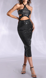 AGNI TIE RHINESTONE BANDAGE DRESS IN BLACK
