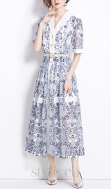 V NECK SPLICED BELTS EMBROIDERY MIDI DRESS IN BLUE
