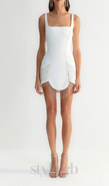 DIAMOND TASSEL BANDAGE MINI DRESS IN WHITE