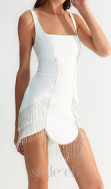 DIAMOND TASSEL BANDAGE MINI DRESS IN WHITE