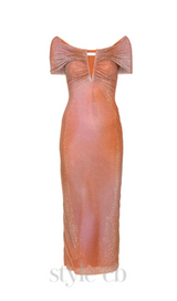 ORANGE CRYSTAL-EMBELLISHED BODYCON MIDI DRESS