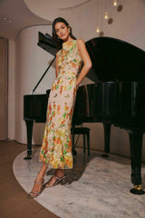 elsie 3d floral embroidered midi dress in yellow