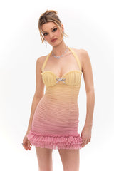 joyce pleated hem mini dress in Gradient yellow