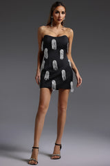 Flor Sleeveless Diamond Tassels Mini Dress in black