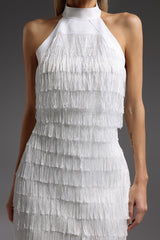 vanessa Halter Sleeveless Tassel Bandage Mini Dress in white