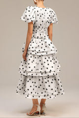 damla white Puff Sleeves Dot Printed Top And Skirt Two-Piece Set