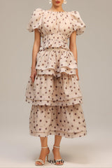 damla beige Puff Sleeves Dot Printed Top And Skirt Two-Piece Set