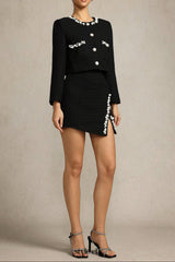 black grace Long Sleeves Pearl Top & Skirt Two-Piece Set