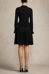 Leaf-edge paneled V-neck knitted mini dress in black