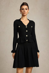 Leaf-edge paneled V-neck knitted mini dress in black