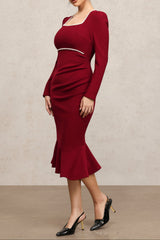 miriam Claret Square Collar Long Sleeves Fishtail Pearl Midi Dress