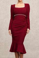 miriam Claret Square Collar Long Sleeves Fishtail Pearl Midi Dress