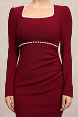 miriam Claret Square Collar Long Sleeves Fishtail Pearl Midi Dress