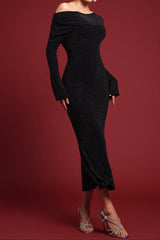 natividad Contour One Shoulder Crystal Maxi Dress in black