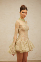 Green Embroidered Flared Mini Dress