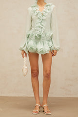 flounced chiffon blouse & skirt matching set in mint