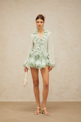 flounced chiffon blouse & skirt matching set in mint