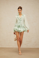 flounced chiffon blouse & skirt matching set in mint