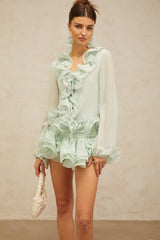 flounced chiffon blouse & skirt matching set in mint